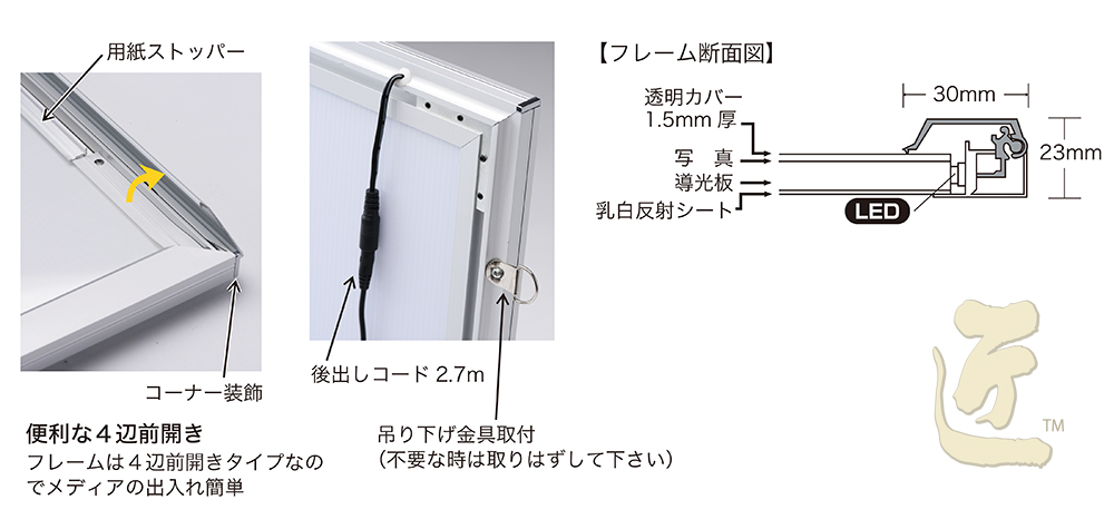P318掲載 LEDアルミフレームパネルA4・ブラック(リモコン付)スペック画像1